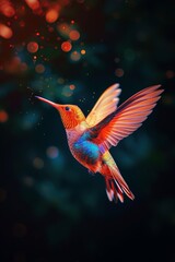   A hummingbird flies against a blurred backdrop, surrounded by a bouquet of twinkling lights