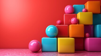   A collection of vibrant cubes aligns on a pink floor, facing a red wall