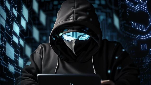 Faceless hacker in a hoodie is typing on a laptop. Cyber security hacking concept. Animation with zoom effect. High quality 4k footage