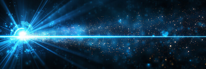 Fototapeta premium A single beam of light, laser, composed by glowing lines and dots in blue color on black background. futuristic abstract blue neon light motion technology digital concept, Digital Wave Technology