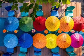A group of brightly colored umbrellas arranged in a rainbow array on a wooden floor