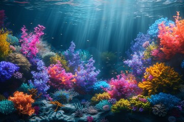  vibrant coral reef with sunlight filtering through water, corals flourishing at seabed