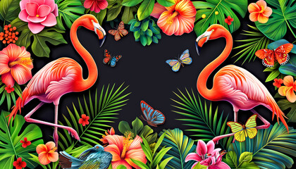 Two flamingos are standing in a lush green jungle with butterflies. Summer tropical frame. Summer time and travel concept. - obrazy, fototapety, plakaty