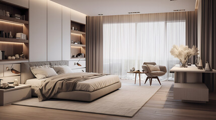 3d rendering interior of living room with bookshelf and sofa ,Modern apartment bedroom comfortable bed near window
