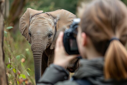 A woman stands behind an elephant, taking a picture with a camera
