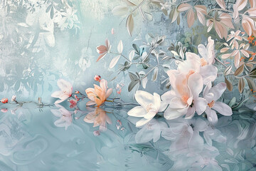 Tranquil floral scenery, with blossoms and plants artistically arranged in pastel hues, reflecting nature's calm beauty.