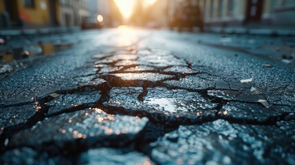Sunset Reflections on Cracked Street, golden hour sun reflects on a cracked urban street, symbolizing decay and the need for infrastructure renewal - obrazy, fototapety, plakaty
