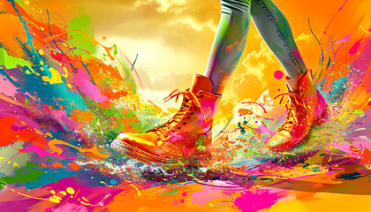 A colorful painting of a person wearing orange shoes and blue jeans.   A dynamic moment as colorful boots make a splash in a vibrant paint, symbolizing creativity, freedom, and self-expression