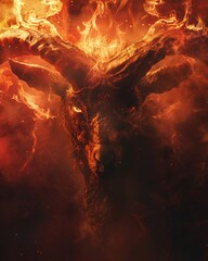 Demon goat god in hellfire, Baphomet essence, smoky inferno, dark with red flames - obrazy, fototapety, plakaty