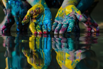 Hands of a person covered in vibrant paint colors, with the reflection captured in water or glass