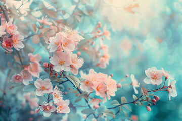 Tranquil floral scenery, with blossoms and plants artistically arranged in pastel hues, reflecting nature's calm beauty.