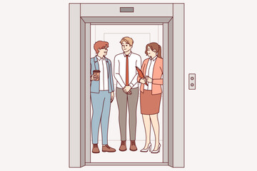 Business people ride in elevator together, going up to another department of corporation or making partner visit. Men and women working as clerks meet in elevator, showing joy at sight of colleagues