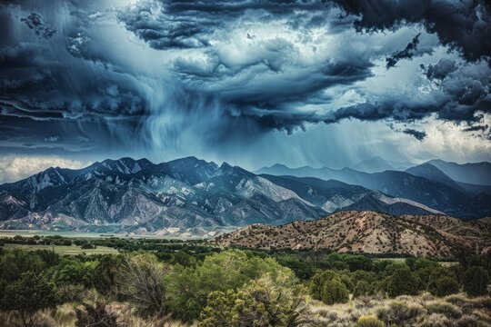 A rainstorm is approaching a mountain range, with dark heavy clouds looming overhead