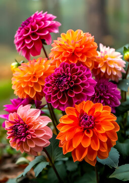 A bouquet of colorful dahlias. Gardening and Flowering.