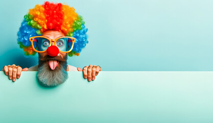 Clown with tongue-out, glasses, rainbow wig and bright makeup, closeup, blue background. April Fool's Day concept. - obrazy, fototapety, plakaty