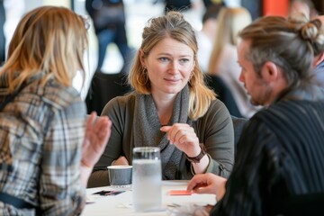 A group of people engaged in conversations around a table during a speed networking session