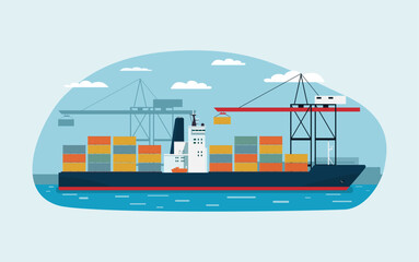 Container carrier ship against the background of a container terminal. Vector illustration.