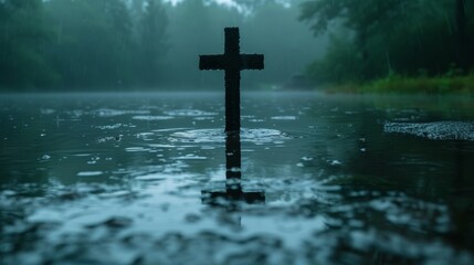 Naklejka premium A cross submerged in a forested waterspace on a fog-enshrouded day
