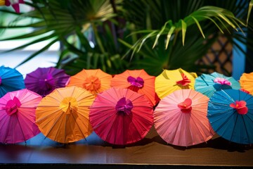 Various colorful umbrellas neatly arranged on a table, part of themed party decorations for events like tropical luau or summer celebrations