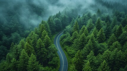   A winding road, shrouded by fog, weaves through a forest Trees line both sides - obrazy, fototapety, plakaty