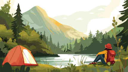 Woman camp tent river forest landscape flat vector isolated