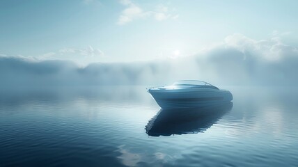 Sleek private boat on glassy water with morning mist - obrazy, fototapety, plakaty