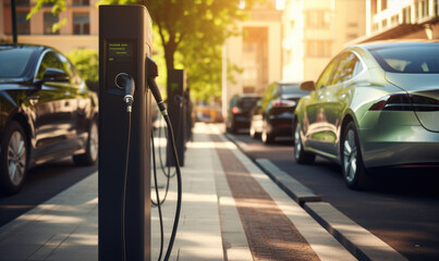 Parking places along the street with chargers for electric car.