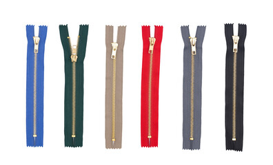 Metal zipper isolated on white. Cutout zippers. Vintage style clothing accessories. Sewer element...