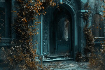   A very old building with a large doorway, a cat situated in its center, and plants encircling it - obrazy, fototapety, plakaty