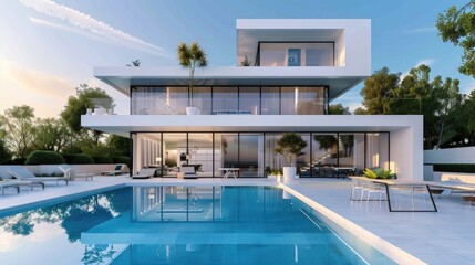 Modern luxury villa with swimming pool, Vacation home, Real estate concept.