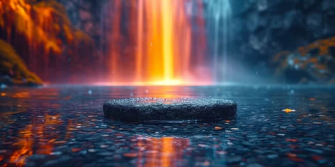 Schilderijen op glas nature platform podium product presentation concept with waterfall and rainbow in sunset vibes background © YuDwi Studio