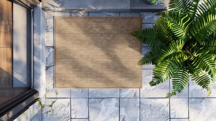 Welcome mat in front door of new house with potted plant. Facade with entrance.