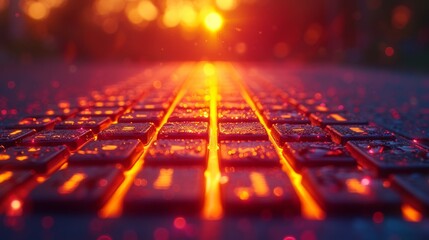   A tight shot of a computer keyboard against a sunset backdrop - obrazy, fototapety, plakaty