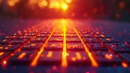 Fotobehang   A tight shot of a computer keyboard against a sunset backdrop © Mikus