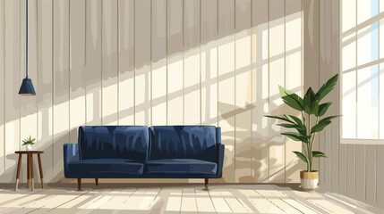 Wooden empty room interior with a dark blue sofa stan - obrazy, fototapety, plakaty