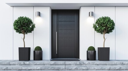 Stylish front door of modern house with white walls, door mat, trees in pots and lamps. Real estate concept.