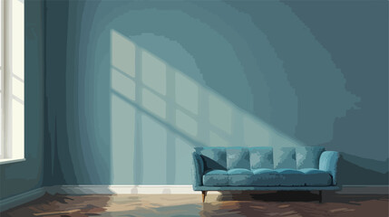 Wooden empty room interior with a dark blue sofa stan - obrazy, fototapety, plakaty