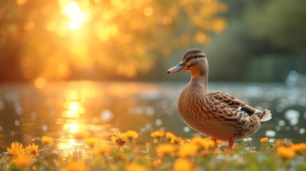   A tight shot of a duck by a water body, adorned with flowers in the foreground and the sun shining in the backdrop