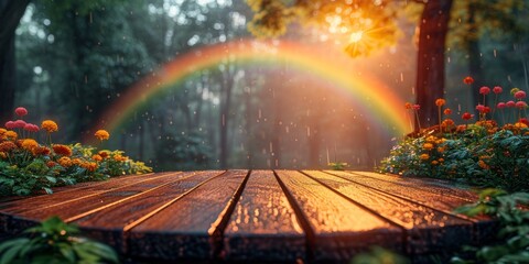 wooden nature platform podium product presentation , rainbow, sky background