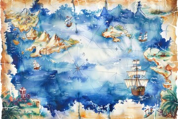 Blue sea with ships old paper antique pirate map treasure hunt landscape orientation