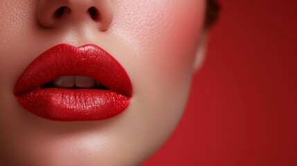  A tight shot of a woman's vividly red-lipped mouth against a bold red backdrop