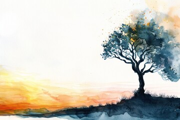 Blue watercolor tree illustration and orange sunset on empty white background for summer postcards