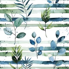 Horizontal seamless repeating pattern with blue and green watercolor lines and plants