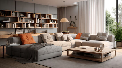 a minimalist living room with a gray sectional sofa, glass coffee table, and abstract wall art ,3d render of a contemporary living room interior. Modern scandinavian living room interior. Luxurious 
