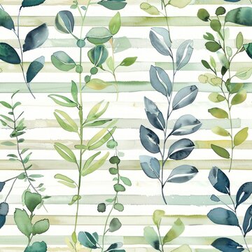Fototapeta  Horizontal watercolor lines with plant motifs as seamless repeating pattern on white background