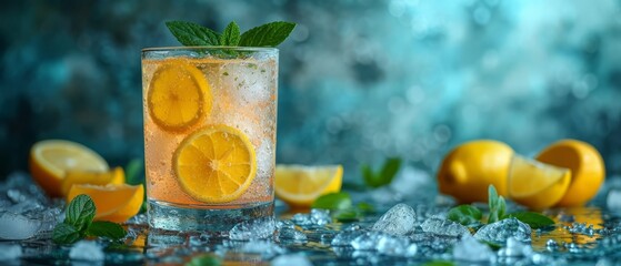   A tight shot of a glass filled with lemonade, ice cubes, and floating mint leaves on a table Lemons and additional mint sprigs nearby