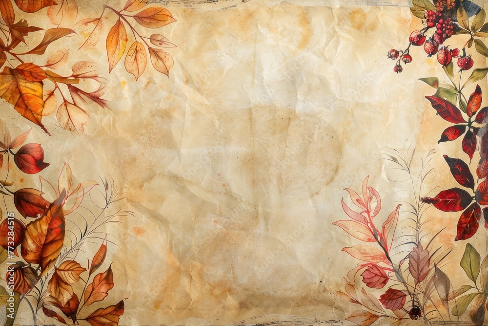 Wall mural Orange autumn leafs on old paper as watercolor illustration in landscape format