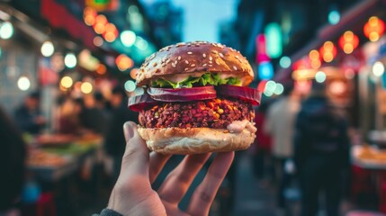 Hand holding a vegan burger with a colorful patty and fresh vegetables, with the lively ambiance of a street food market in the background. - obrazy, fototapety, plakaty