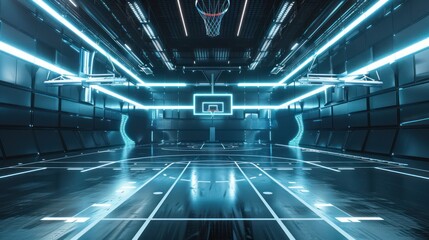 A futuristic basketball court with sleek, metallic backboards and high-tech lighting. 