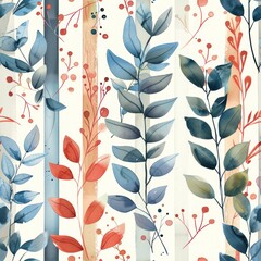 Vertical lines on white background with red and blue watercolor plant motifs as seamless repeating pattern